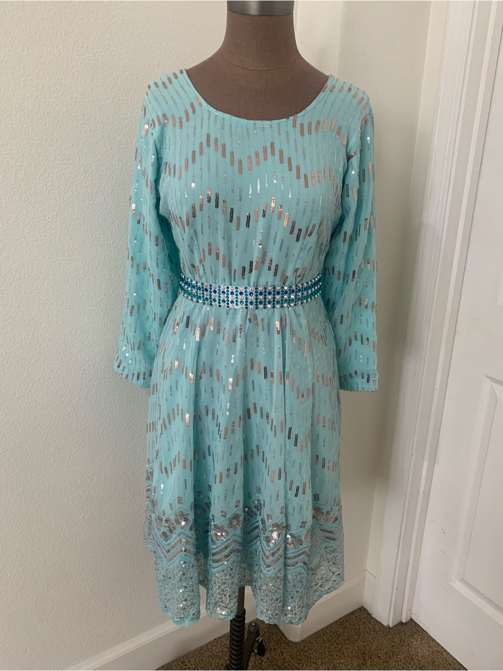 Aqua Blue Sequin Midi Dress